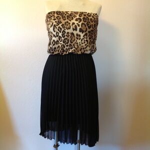 Leopard Print Strapless Dress with Black Pleated Skirt